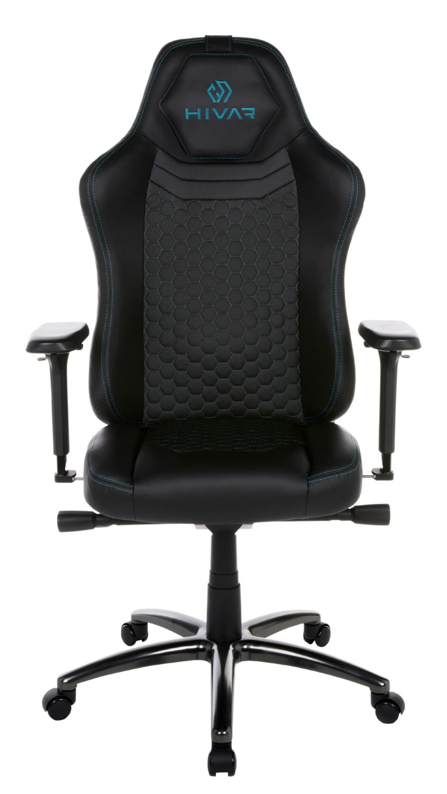 Gaming Stuhl in schwarzem Design mit blauen Akzenten, Vorderansicht