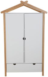 Moderner Kleiderschrank in Hausform mit Holzrahmen und weißen Türen, Frontalansicht