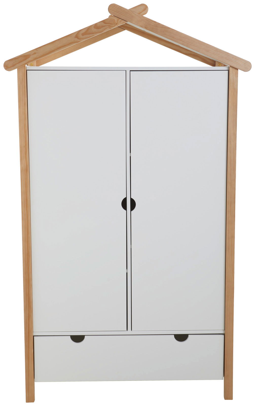 Moderner Kleiderschrank in Hausform mit Holzrahmen und weißen Türen, Frontalansicht