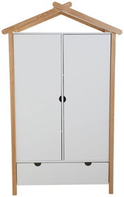 Moderner Kleiderschrank in Hausform mit Holzrahmen und weißen Türen, Frontalansicht