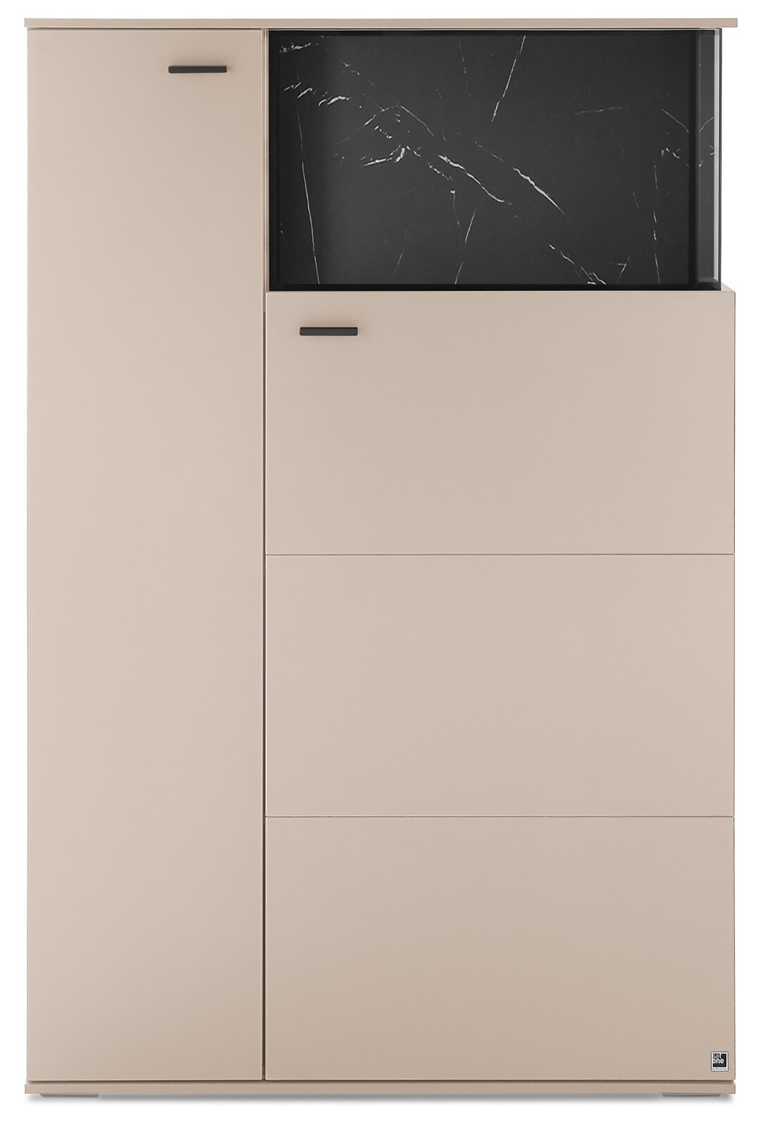 Modernes Schuhschrank-/Kommodenmöbel in Beige mit schwarzer Marmoroptik-Front und schwarzen Griffleisten, Produktansicht von vorne