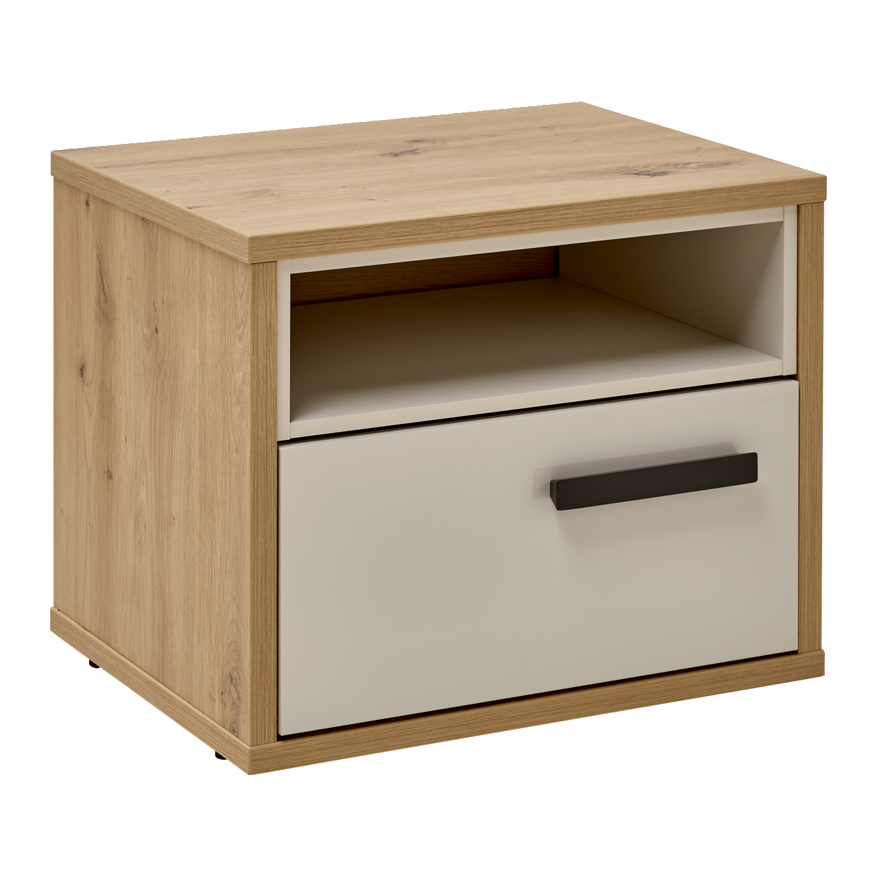 Nachtkonsole aus Holz mit einer Schublade und einem offenen Fach, Perspektive von vorne links