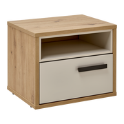 Nachtkonsole aus Holz mit einer Schublade und einem offenen Fach, Perspektive von vorne links