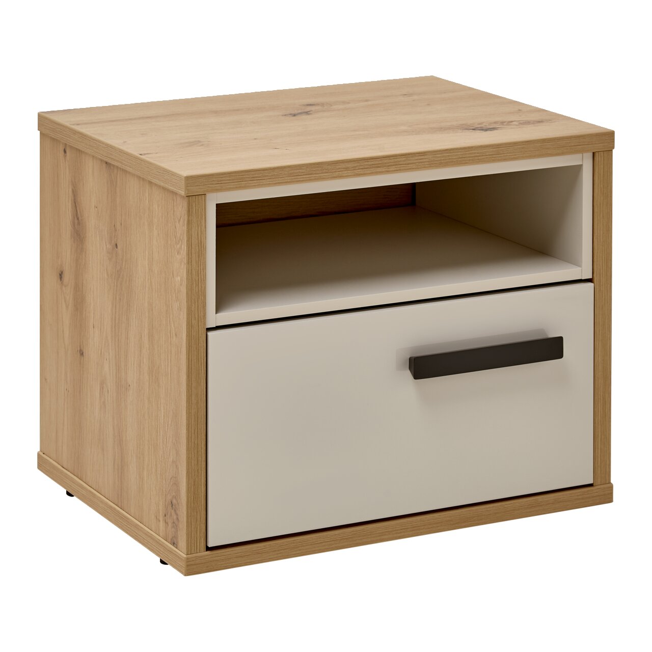 XORA Nachtkastje CASA MIA Houten nachtkastje met een lade en een open vak, gezien van links vooraan