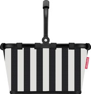 Schwarz-weiß gestreifter Fahrradkorb von reisenthel mit schwarzem Griff und Halterung, Frontansicht vor weißem Hintergrund.