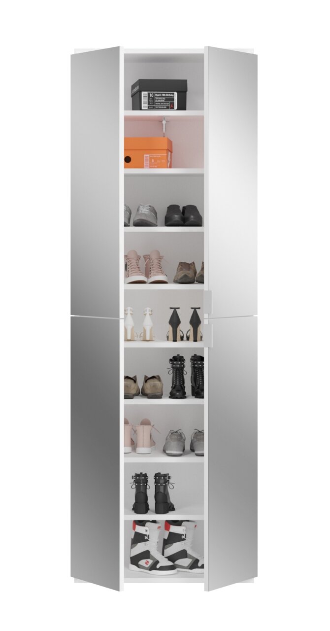 Schmaler, hoher Schuhschrank mit offenen Türen, gefüllt mit verschiedenen Schuhen, aus frontaler Perspektive.