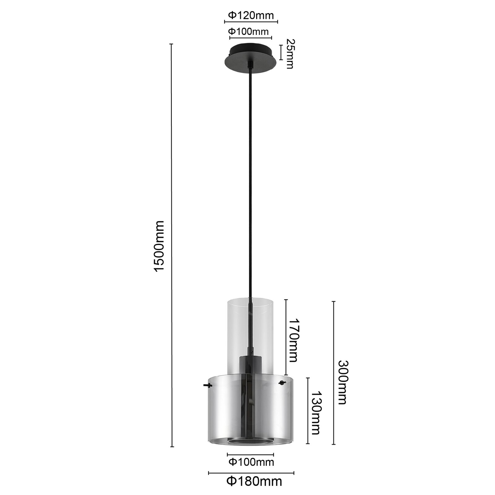 Moderne Hängeleuchte von Dieter Knoll mit zylindrischem Design, aus Glas und Metall, in seitlicher Ansicht mit Maßangaben.
