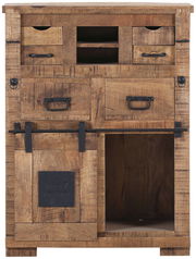 Rustikaler Sekretär aus Holz mit mehreren Schubladen und Fächern, frontal abgebildet.