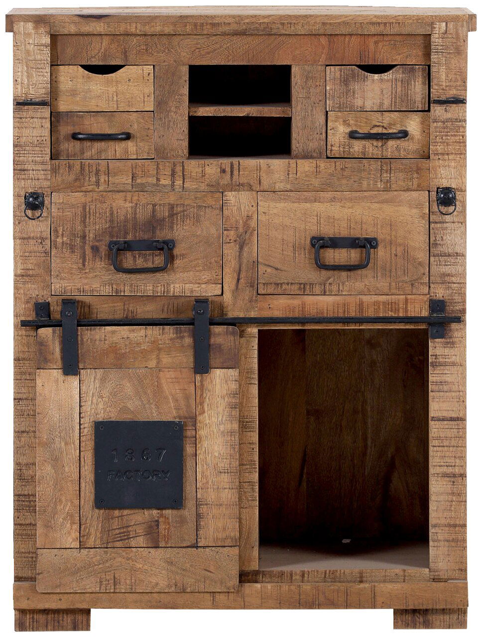 Landscape Sekretär BARNEY Rustikaler Sekretär aus Holz mit mehreren Schubladen und Fächern, frontal abgebildet.