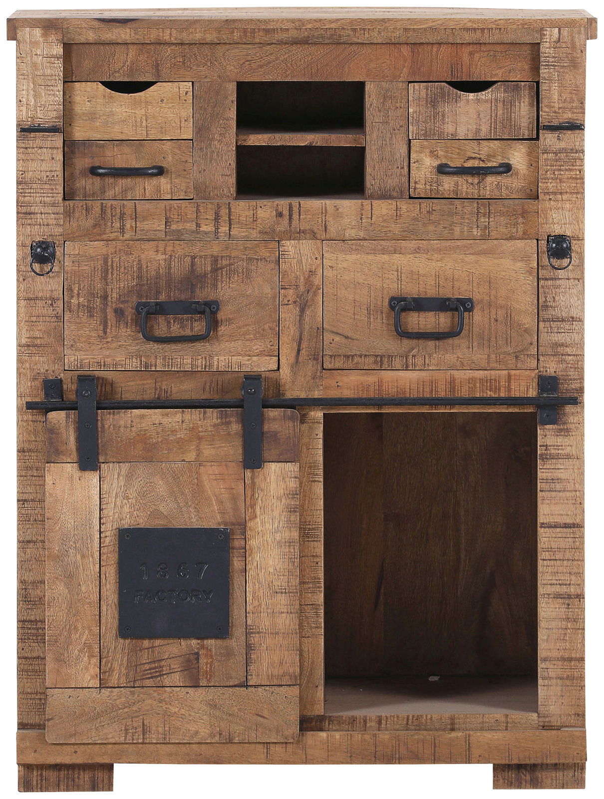 Rustikaler Sekretär aus Holz mit mehreren Schubladen und Fächern, frontal abgebildet.