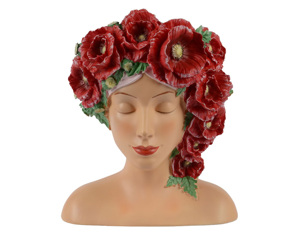 Blumentopf in Form eines Frauenkopfes mit geschlossenen Augen, verziert mit roten Mohnblumen, Frontalansicht