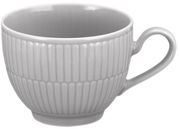 Graue Kaffeeobertasse mit geriffeltem Design, seitliche Perspektive