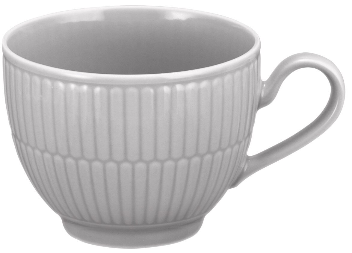 Graue Kaffeeobertasse mit geriffeltem Design, seitliche Perspektive