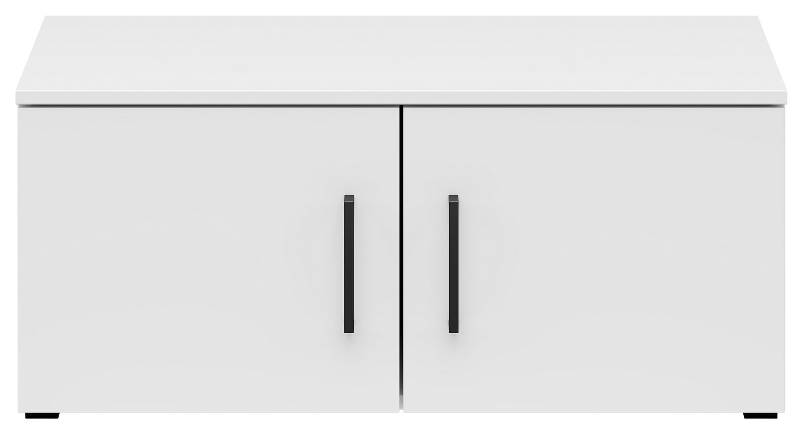 Weißer Aufsatzschrank mit zwei Türen und schwarzen Griffen, Frontalansicht