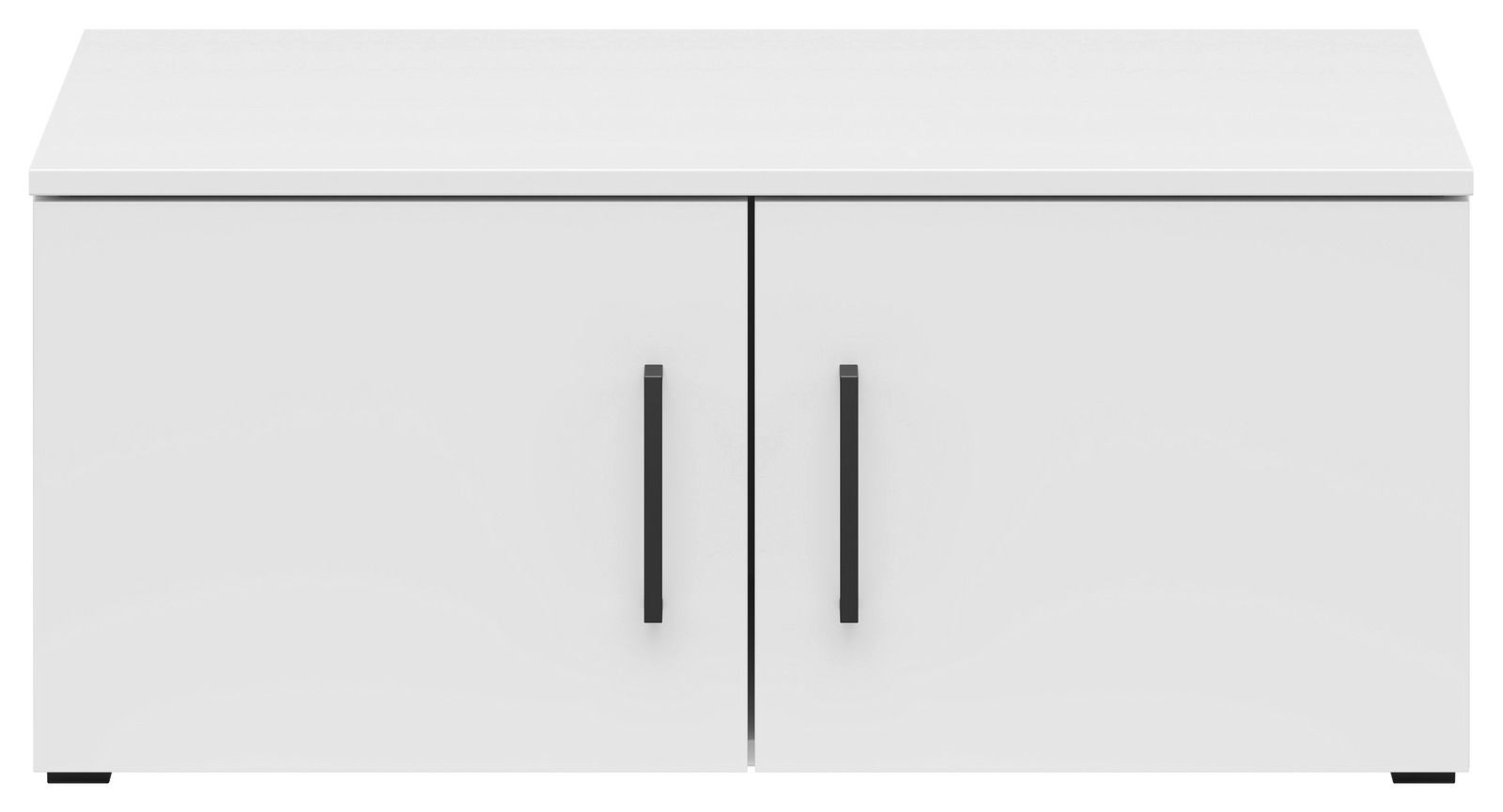 Weißer Aufsatzschrank mit zwei Türen und schwarzen Griffen, Frontalansicht