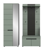 Modernes Flurmöbel-Set in Salbeigrün mit Garderobenpaneel, Ablage und Haken sowie passendem Hochschrank mit Spiegel und schwarzen Griffen, Frontansicht