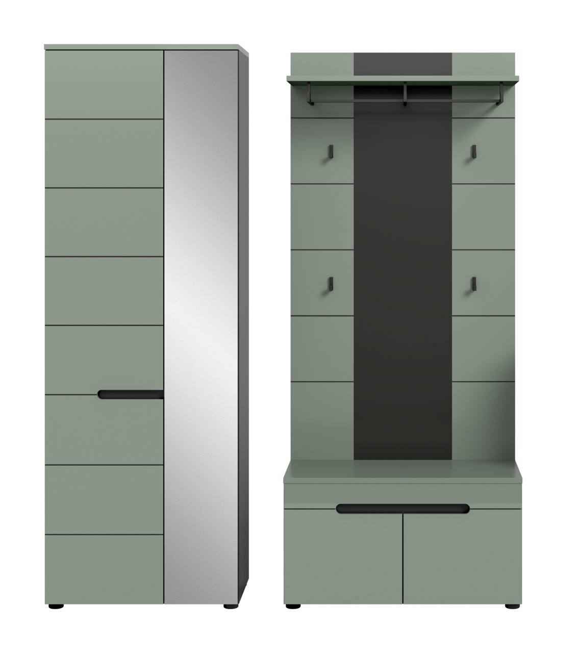Modernes Flurmöbel-Set in Salbeigrün mit Garderobenpaneel, Ablage und Haken sowie passendem Hochschrank mit Spiegel und schwarzen Griffen, Frontansicht
