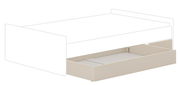 Großer Bettkasten in beige, perspektivisch von der Seite gezeigt, teilweise unter einem Bettgestell hervorgezogen.
