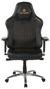 Frontansicht eines schwarzen Gaming-Stuhls mit gelben Nähten und einem hexagonalen Muster auf der Rückenlehne.