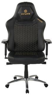 Frontansicht eines schwarzen Gaming-Stuhls mit gelben Nähten und einem hexagonalen Muster auf der Rückenlehne.