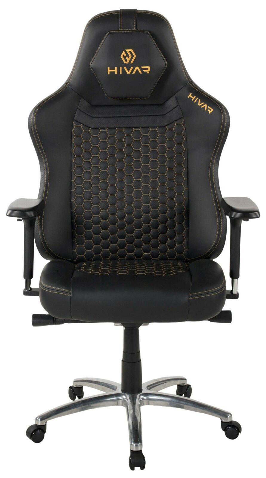 Frontansicht eines schwarzen Gaming-Stuhls mit gelben Nähten und einem hexagonalen Muster auf der Rückenlehne.