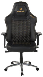 Frontansicht eines schwarzen Gaming-Stuhls mit gelben Nähten und einem hexagonalen Muster auf der Rückenlehne.