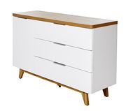 Weiße Kommode mit drei Schubladen und Holzoberfläche, seitliche Perspektive