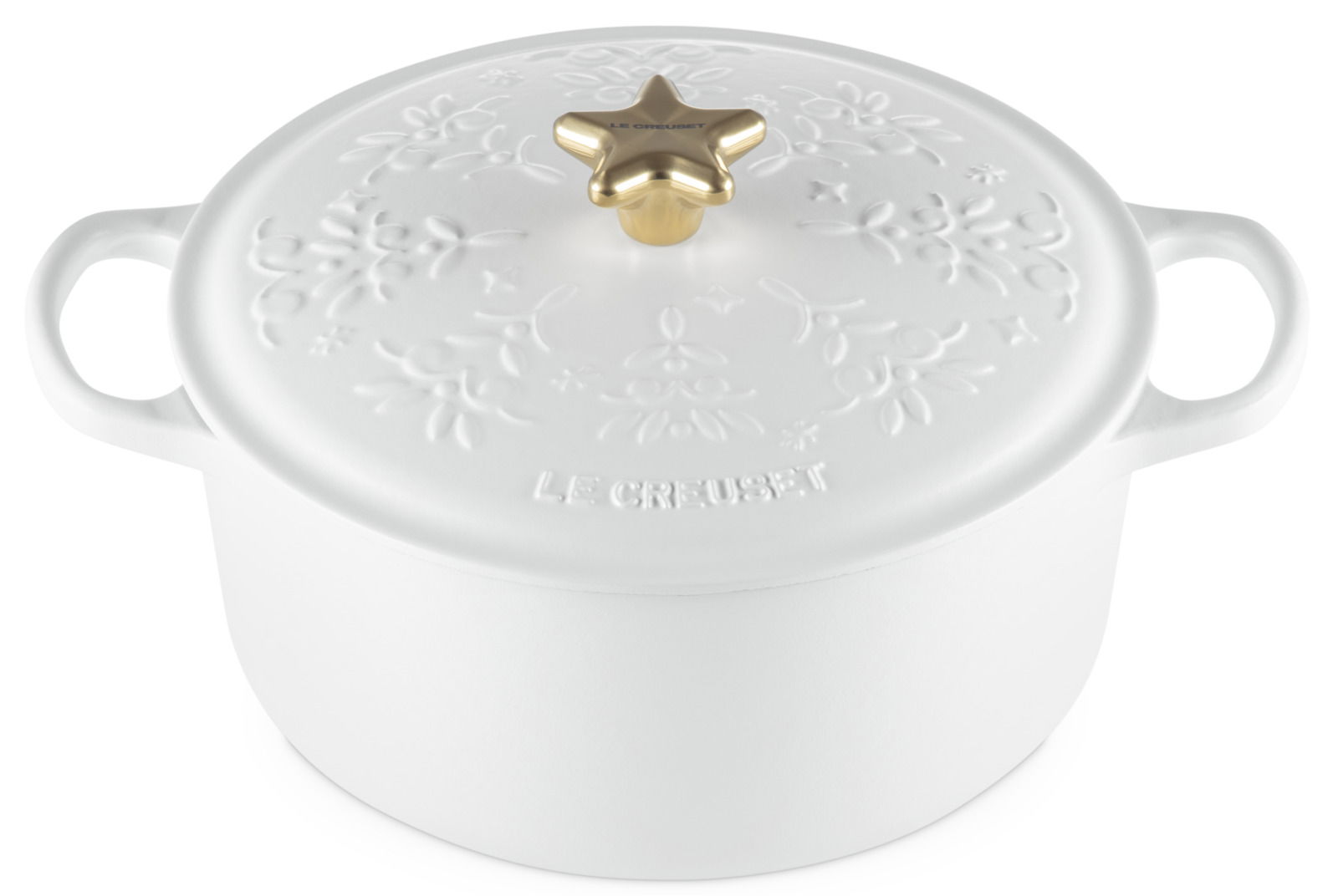 Weißer Bräter mit weihnachtlichem Muster und goldfarbenem Sternknauf, seitliche Perspektive