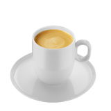 Weiße Kaffeetasse mit Untertasse, gefüllt mit Café Crème, aus der Vogelperspektive.