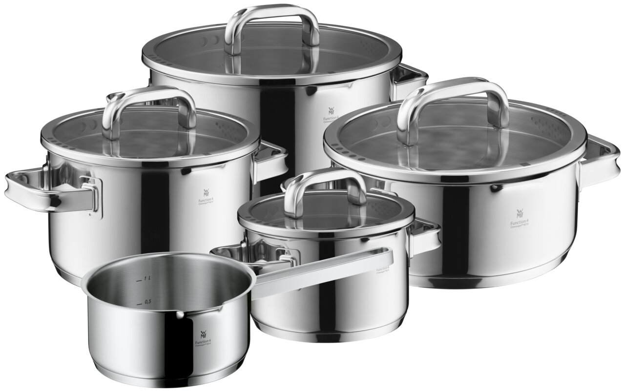 WMF Topf-Set 5-tlg. FUNCTION 4 ADVANCED Vijfdelige pannenset van roestvrij staal met glazen deksels, gefotografeerd vanuit een licht verhoogd perspectief.
