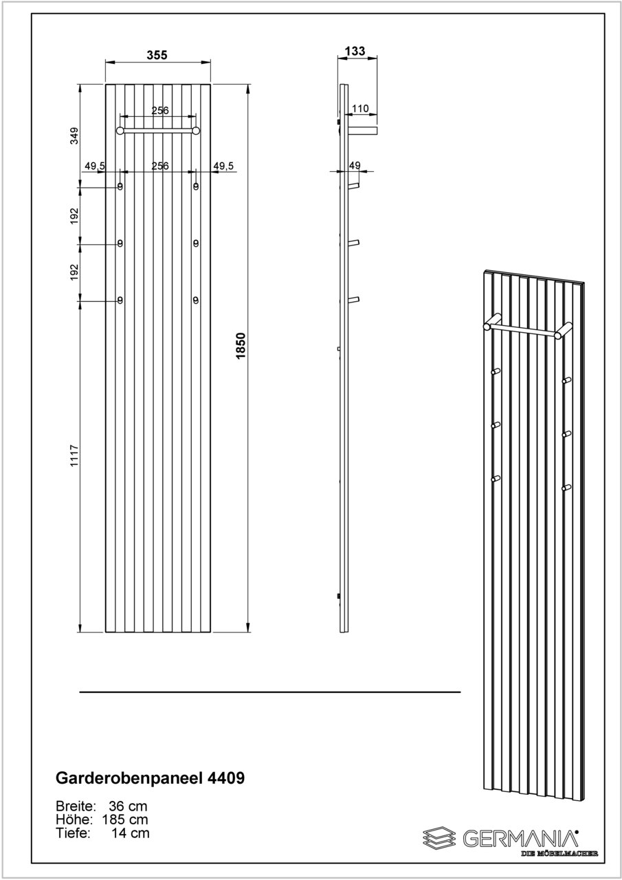 Garderobenpaneel 4409 in Frontalansicht, Seitenansicht und perspektivischer Ansicht. Maße: Breite 36 cm, Höhe 185 cm, Tiefe 14 cm.