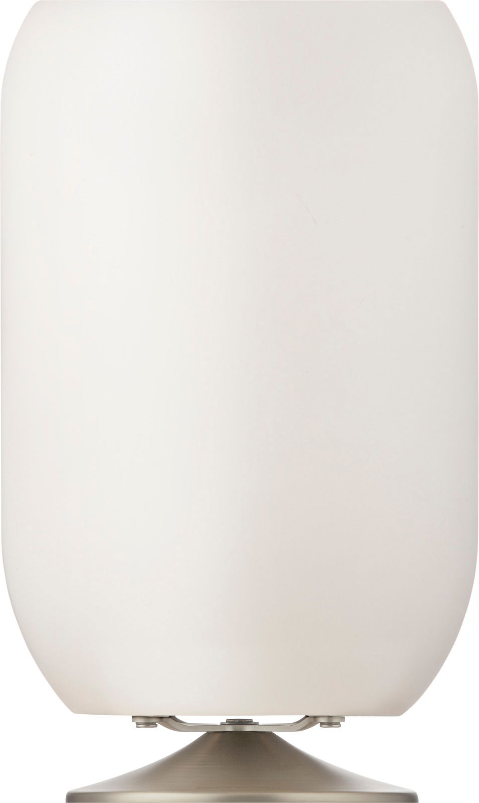 Tischlampe mit gebürstetem silbernen Sockel und weißem, zylindrischem Schirm, frontal betrachtet.