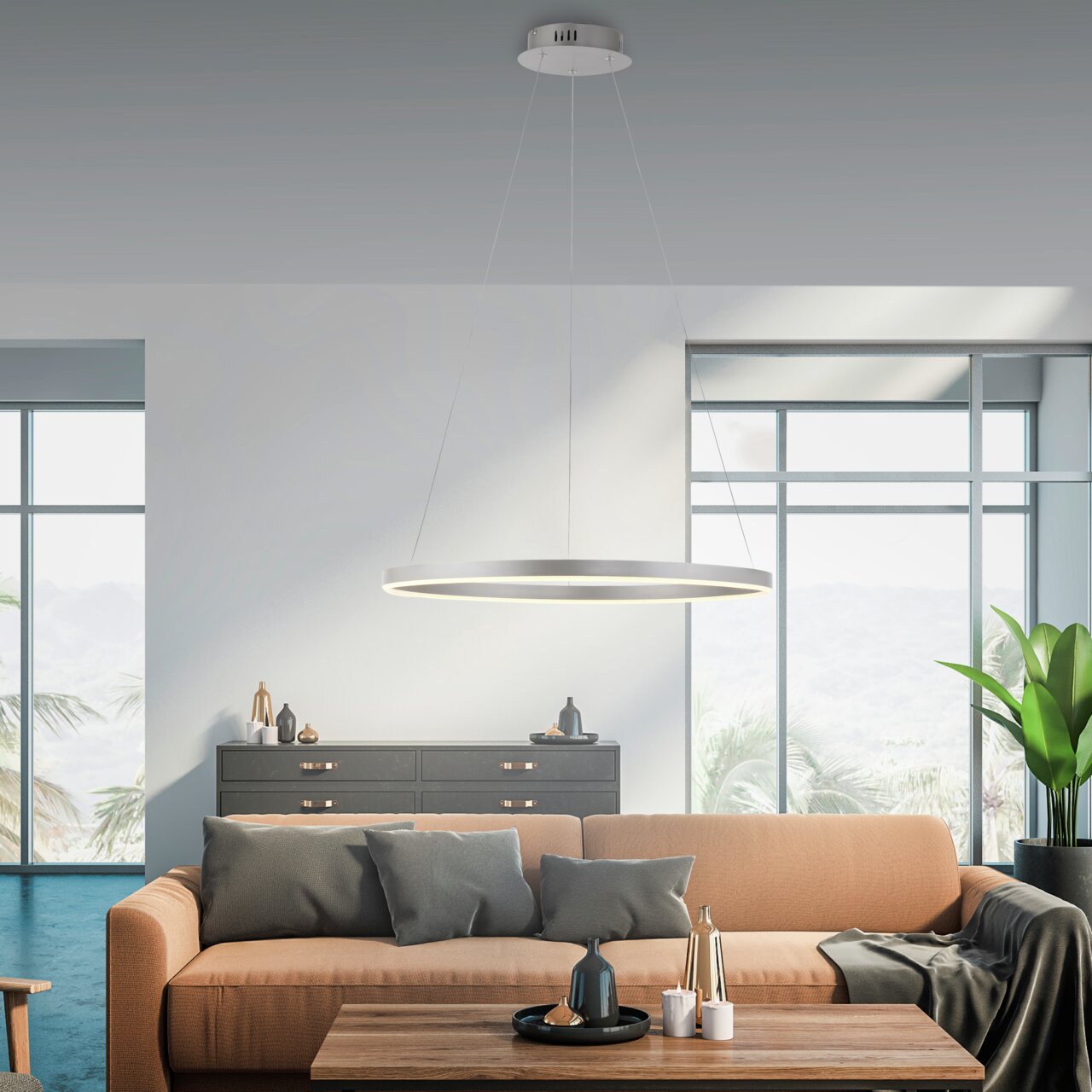 Moderne Pendelleuchte RITUS in einem stilvollen Wohnzimmer, seitliche Perspektive