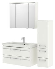 Badezimmermöbel-Set in Weiß mit Spiegelschrank, Waschbeckenunterschrank und hohem Schrank, Frontalansicht