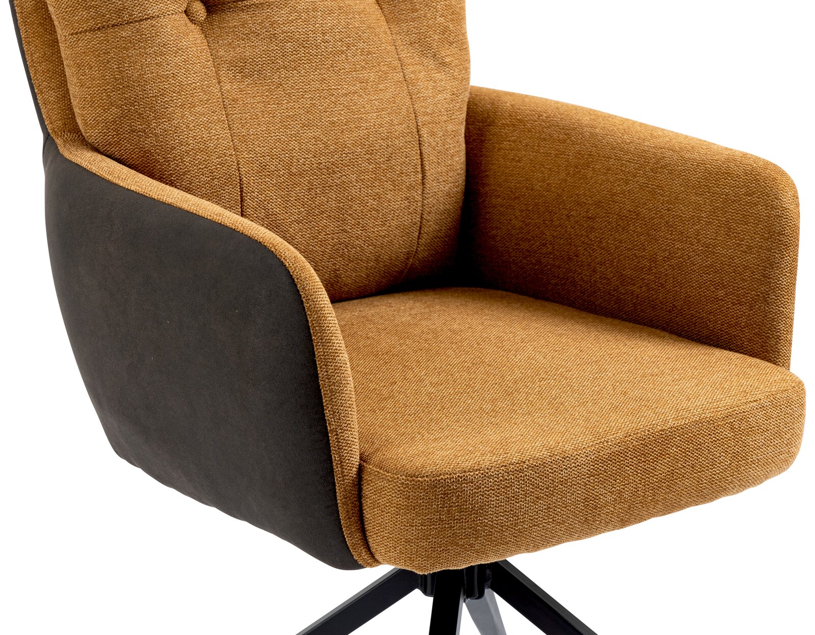 Moderner Sessel mit braunem Stoffbezug und schwarzem Gestell, seitliche Perspektive