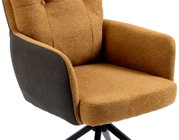 Moderne fauteuil met bruine stoffen bekleding en zwart frame, zijaanzicht