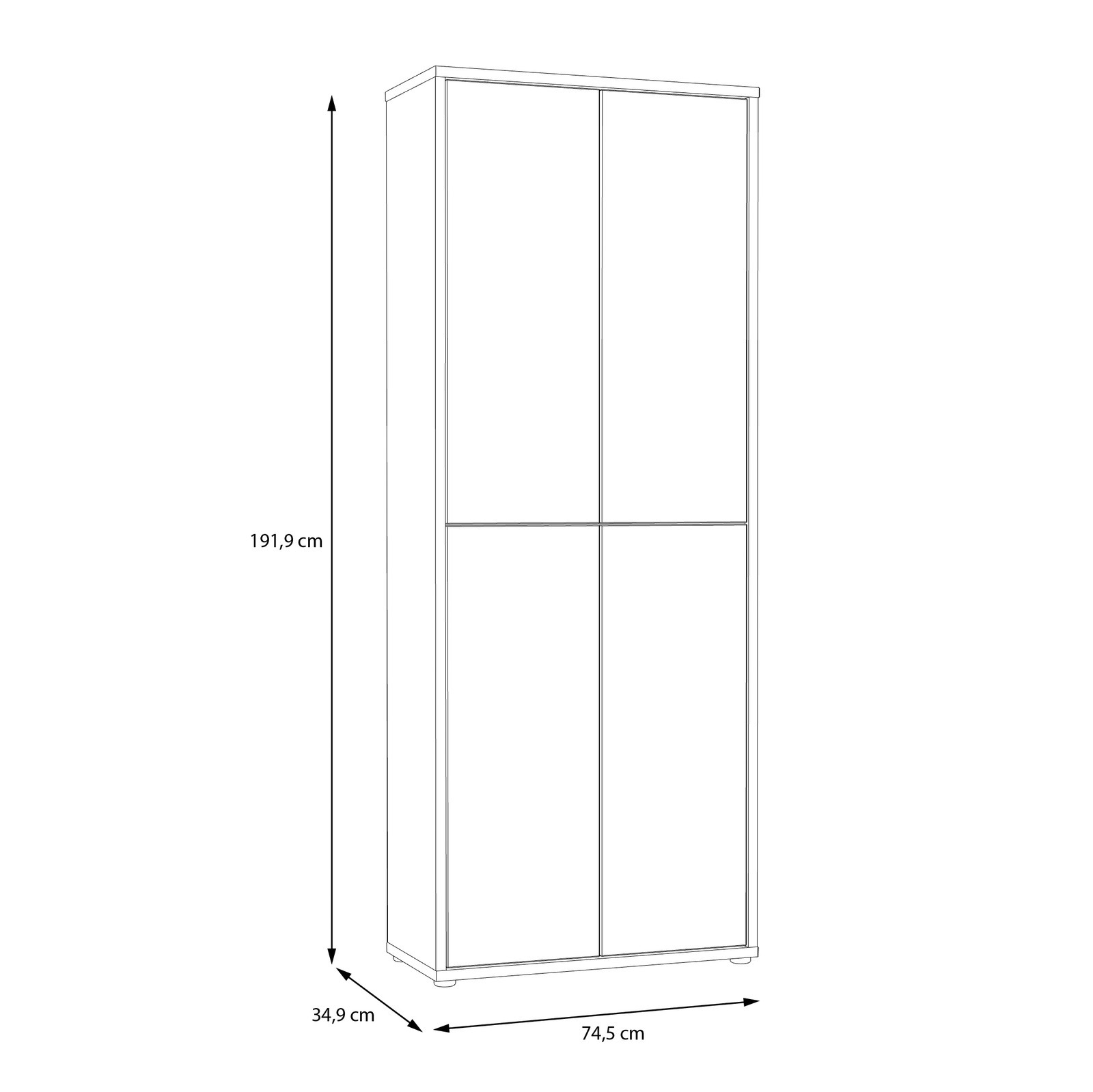 Schuhschrank ALICE SPRINGS, hohe Perspektive, Maße 191,9 cm Höhe, 74,5 cm Breite, 34,9 cm Tiefe, mit vier Türen.