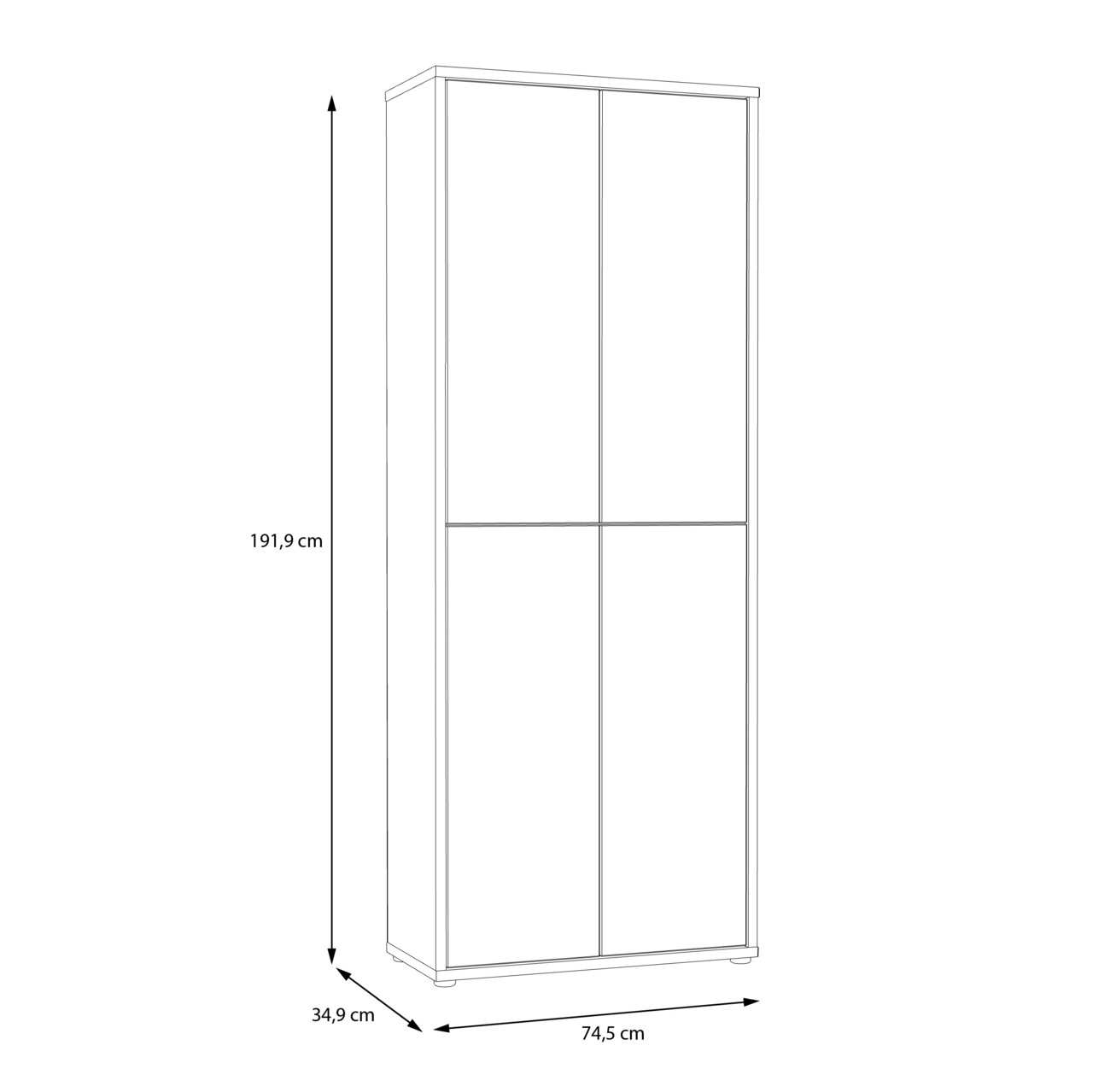Schuhschrank ALICE SPRINGS, hohe Perspektive, Maße 191,9 cm Höhe, 74,5 cm Breite, 34,9 cm Tiefe, mit vier Türen.