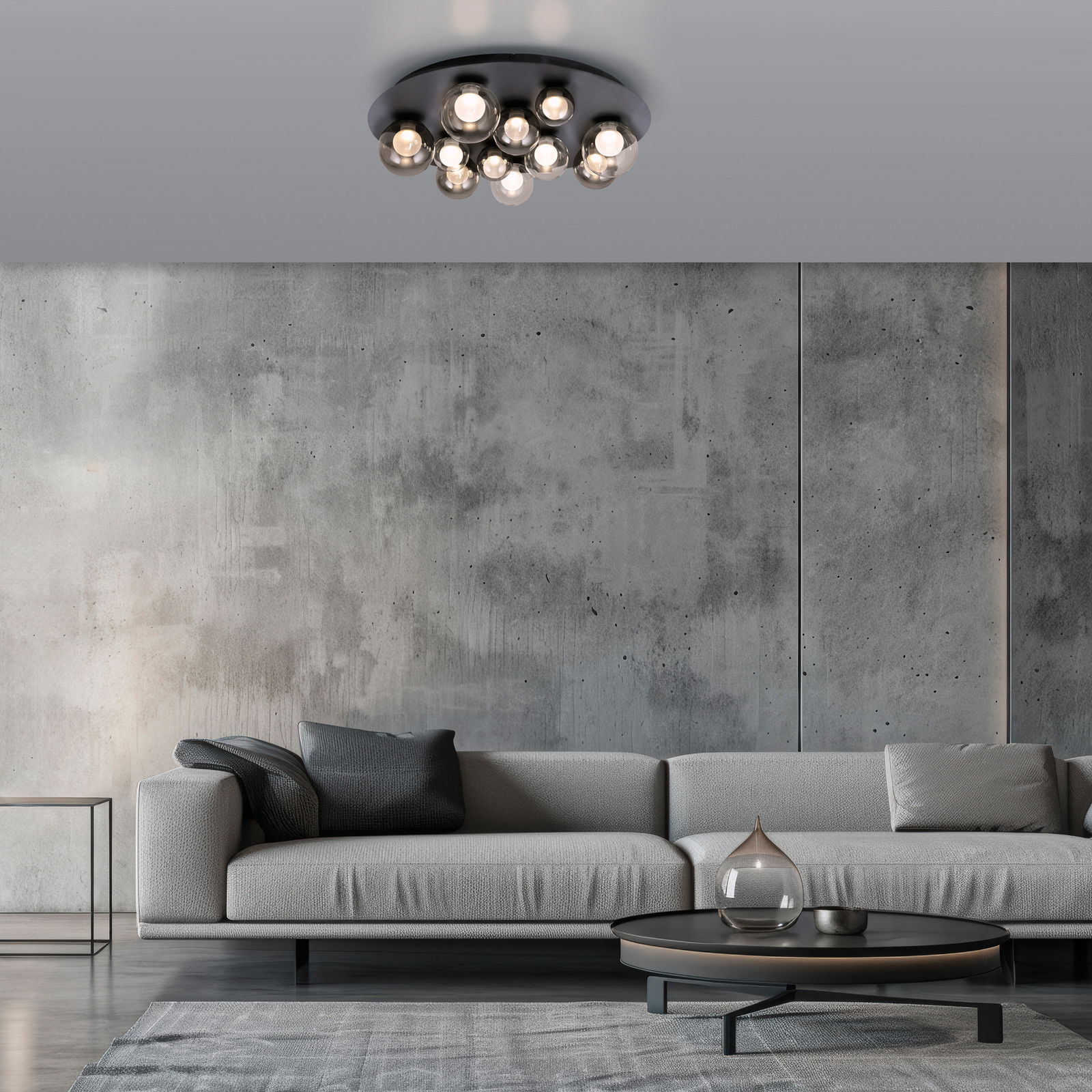 Moderne LED-Deckenleuchte mit mehreren Glühbirnen in einem stilvollen Wohnzimmer, von unten betrachtet.