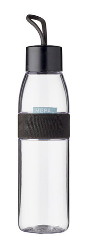 Transparente Trinkflasche mit schwarzem Deckel und Trageschlaufe, seitliche Ansicht