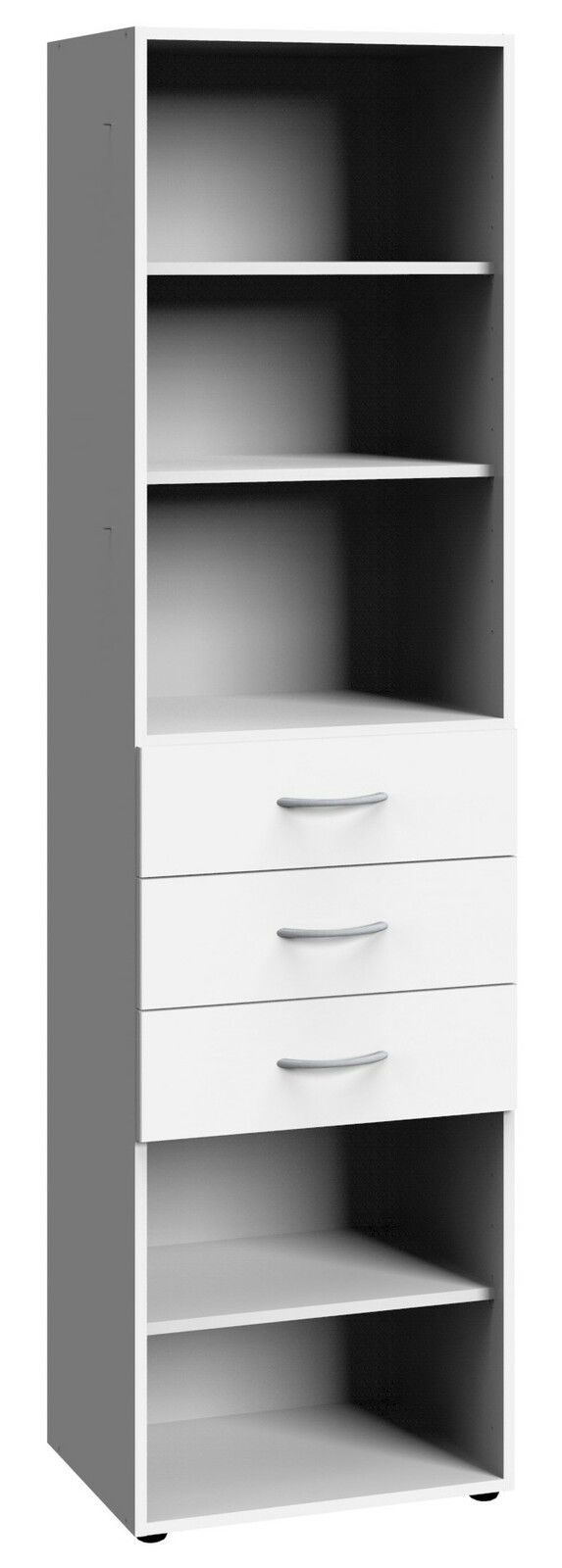 Hohes Regal mit mehreren offenen Fächern und drei Schubladen, seitliche Perspektive