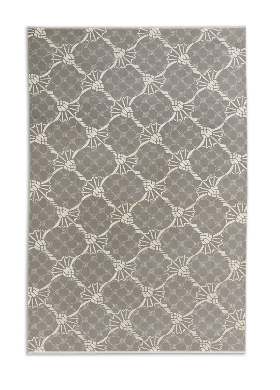 Teppich mit grauem Hintergrund und weißem Kornblumenmuster, Draufsicht