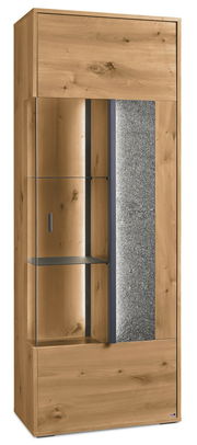 Hochwertiges Highboard aus Holz mit Glastür und dekorativem Stein-Element, Frontalansicht