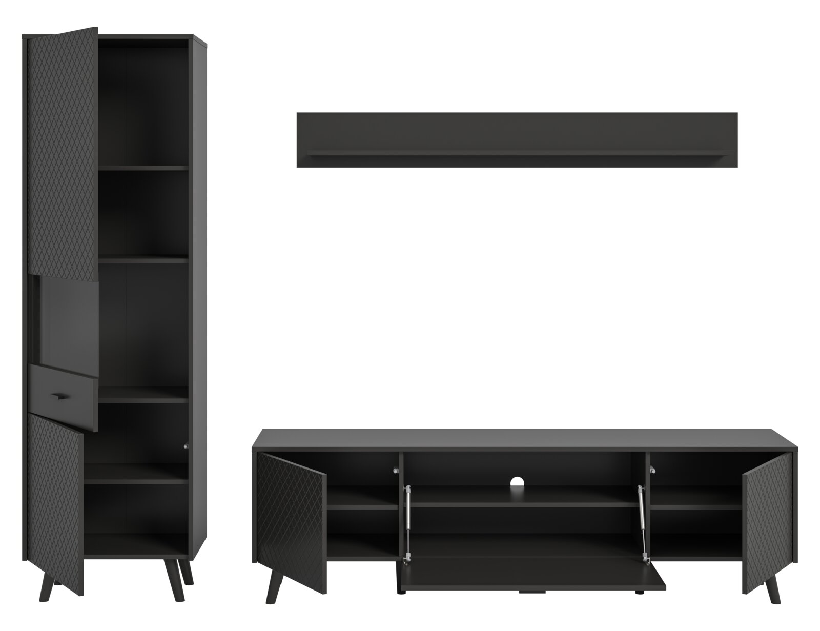 Wohnkombination in dunklem Design, bestehend aus einem hohen Schrank mit offenen und geschlossenen Fächern, einem langen TV-Schrank mit Türen und einem Wandregal. Frontalansicht.