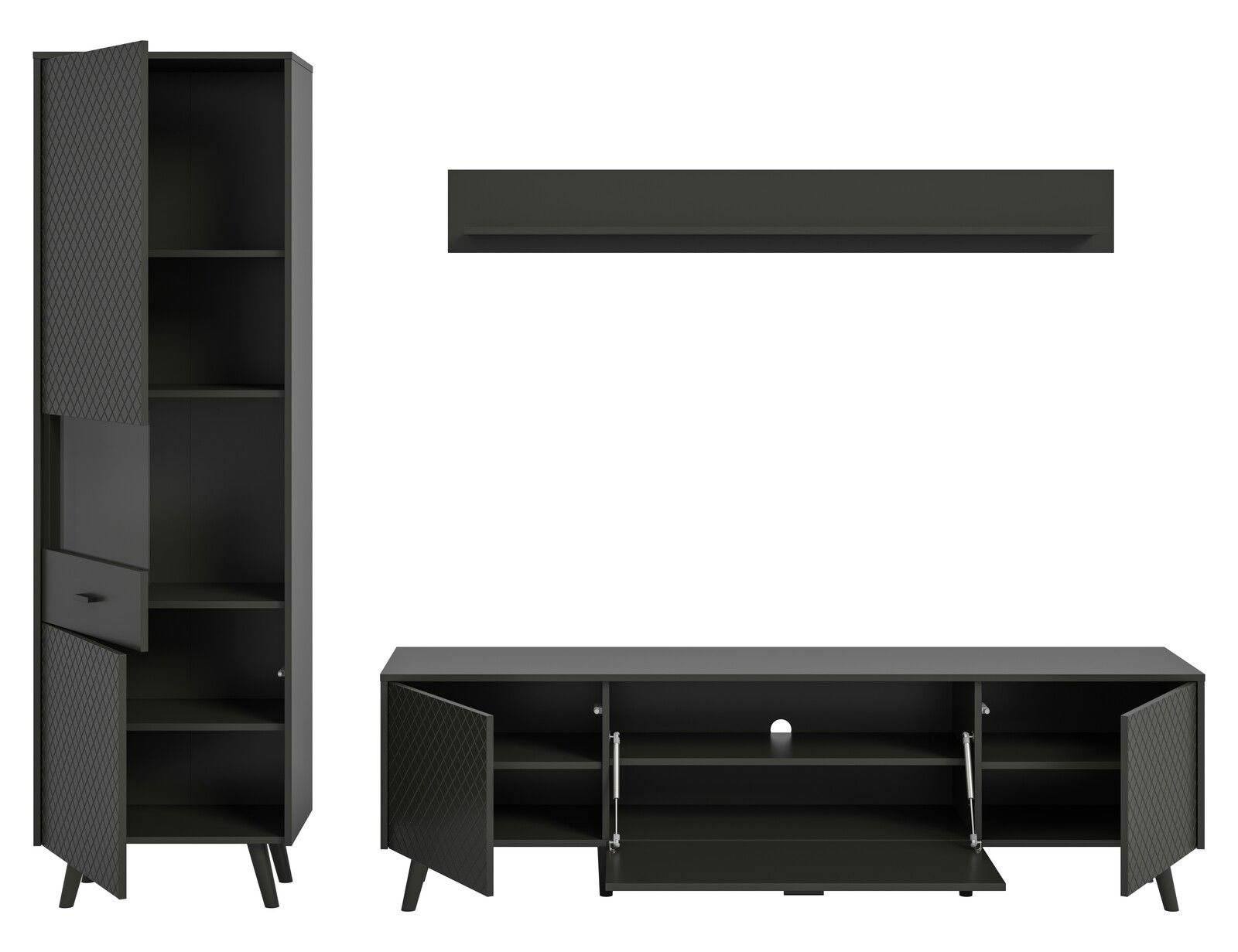 Wohnkombination in dunklem Design, bestehend aus einem hohen Schrank mit offenen und geschlossenen Fächern, einem langen TV-Schrank mit Türen und einem Wandregal. Frontalansicht.