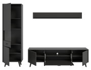 Wohnkombination in dunklem Design, bestehend aus einem hohen Schrank mit offenen und geschlossenen Fächern, einem langen TV-Schrank mit Türen und einem Wandregal. Frontalansicht.