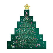 Adventskalender 2026 in Tannenbaumform mit dunkelgrünen, nummerierten Schubladen, festlichem Golddekor und goldener Sternspitze, frontal abgebildet