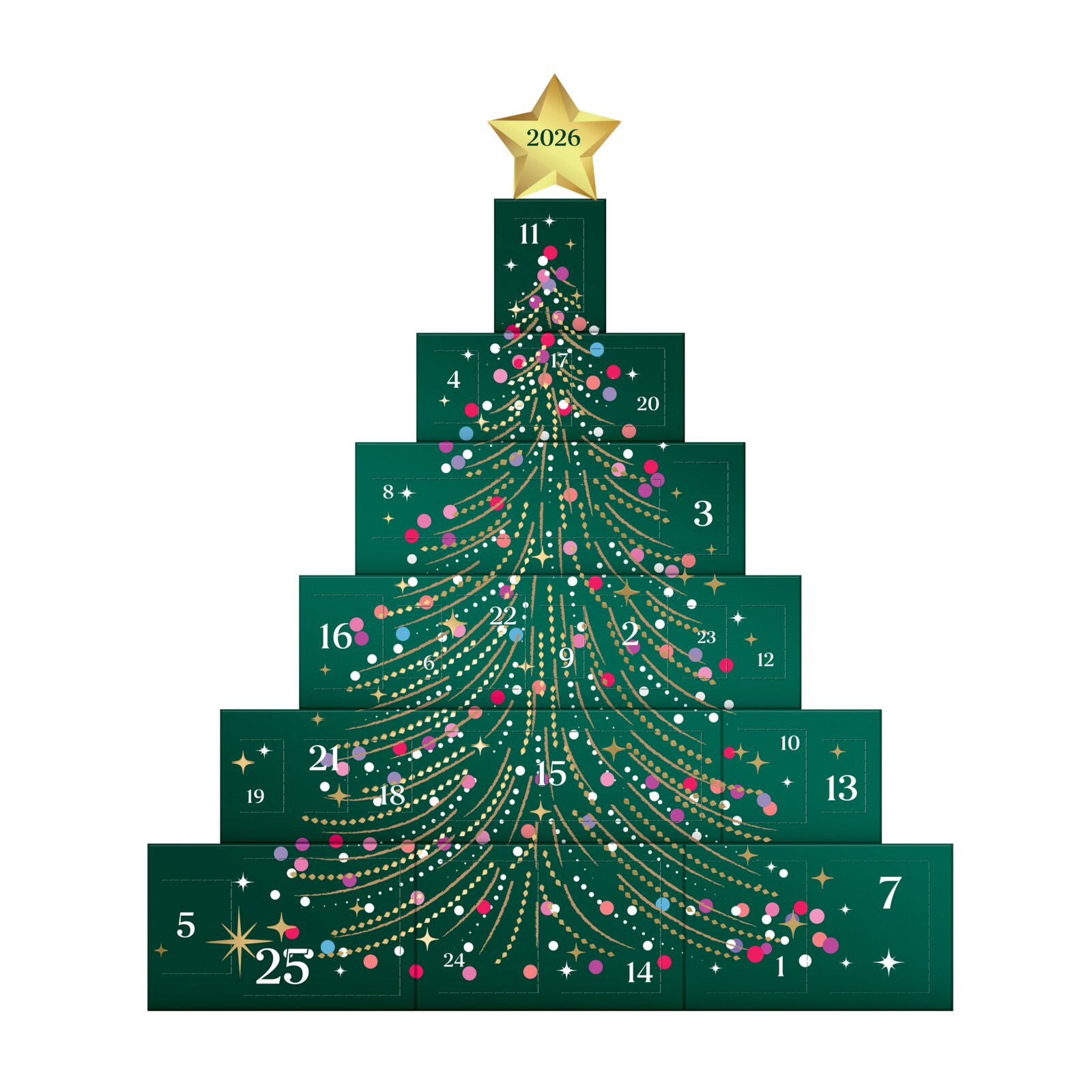 Adventskalender 2026 in Tannenbaumform mit dunkelgrünen, nummerierten Schubladen, festlichem Golddekor und goldener Sternspitze, frontal abgebildet