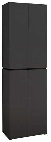 Schwarzer Garderobenschrank mit vier Türen, frontal betrachtet.