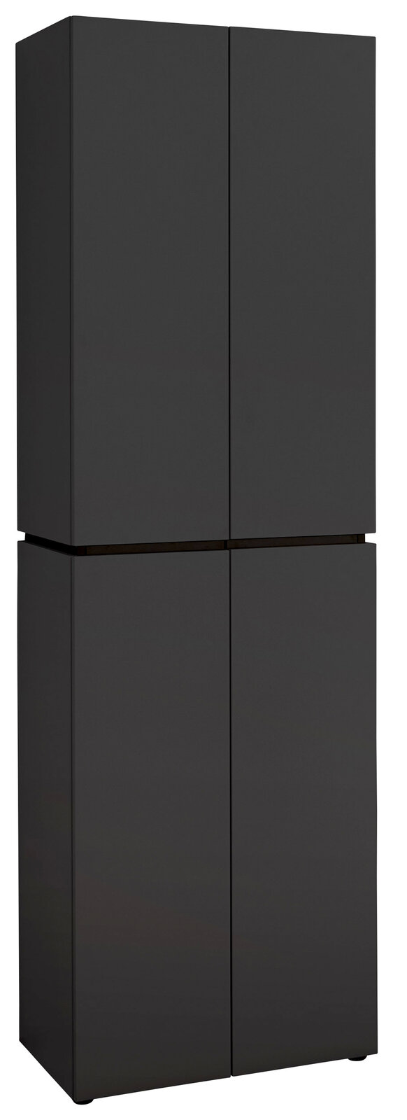 Schwarzer Garderobenschrank mit vier Türen, frontal betrachtet.